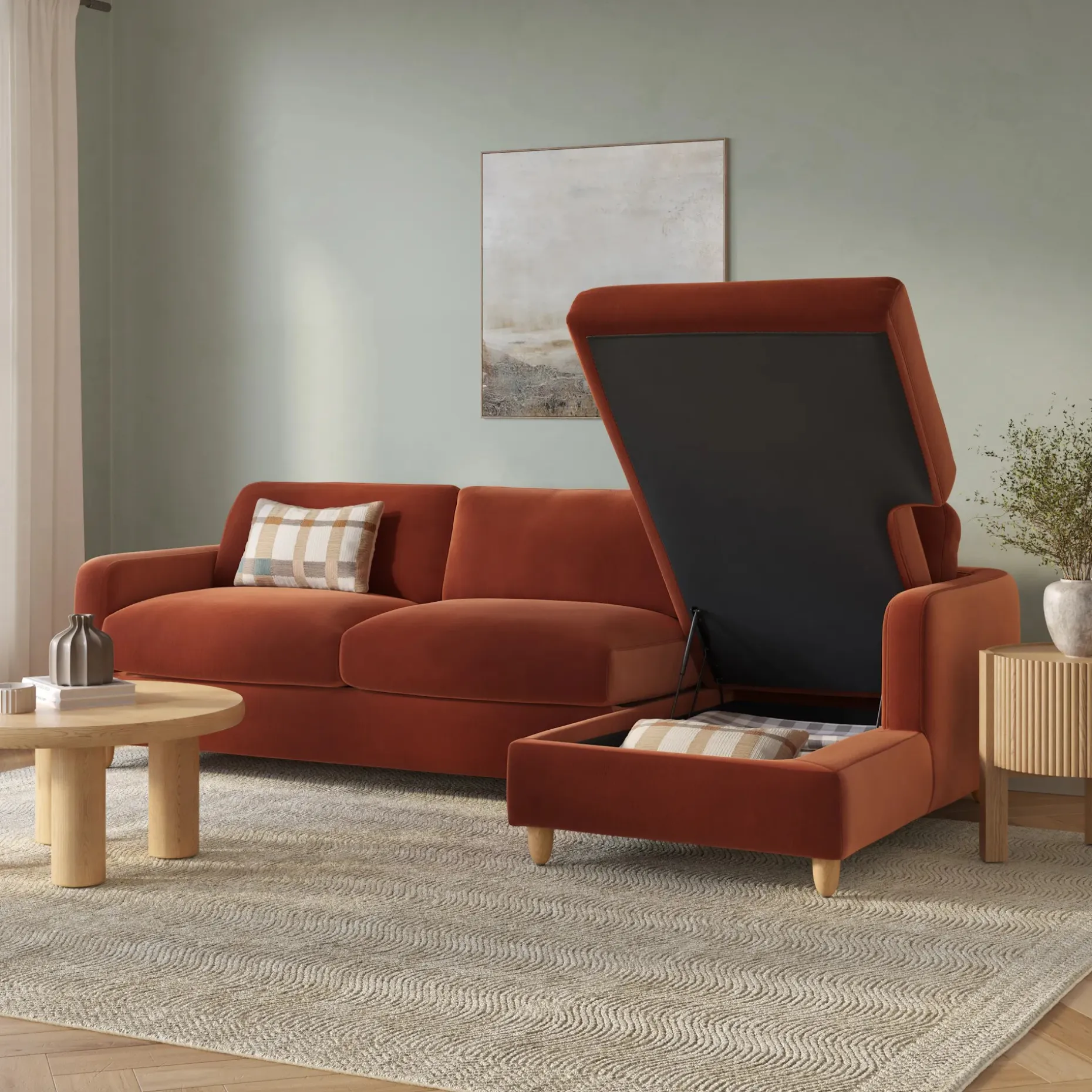 Vati 114" Velvet Right Storage Sleeper Sectional - Hale Rust
