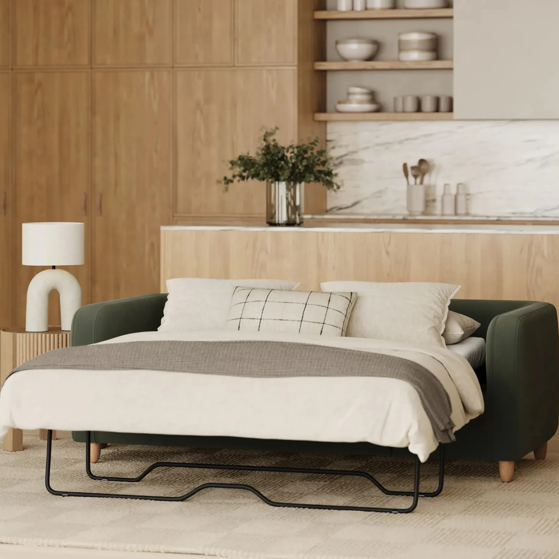 Vati 80" Velvet Sofa Bed - Natural Oak and Hale Fir Green