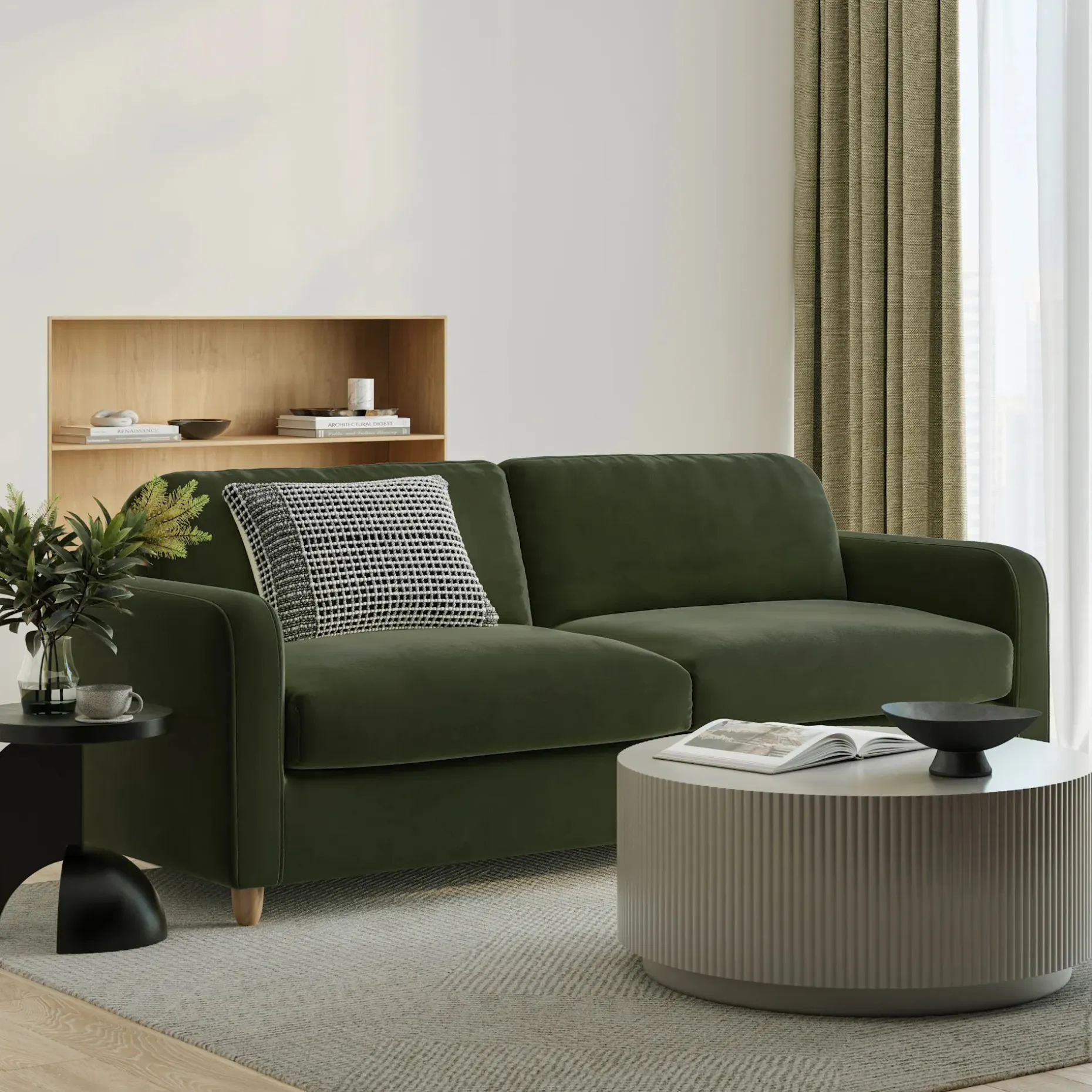 Vati 92" Velvet Sofa - Natural Oak and Hale Fir Green