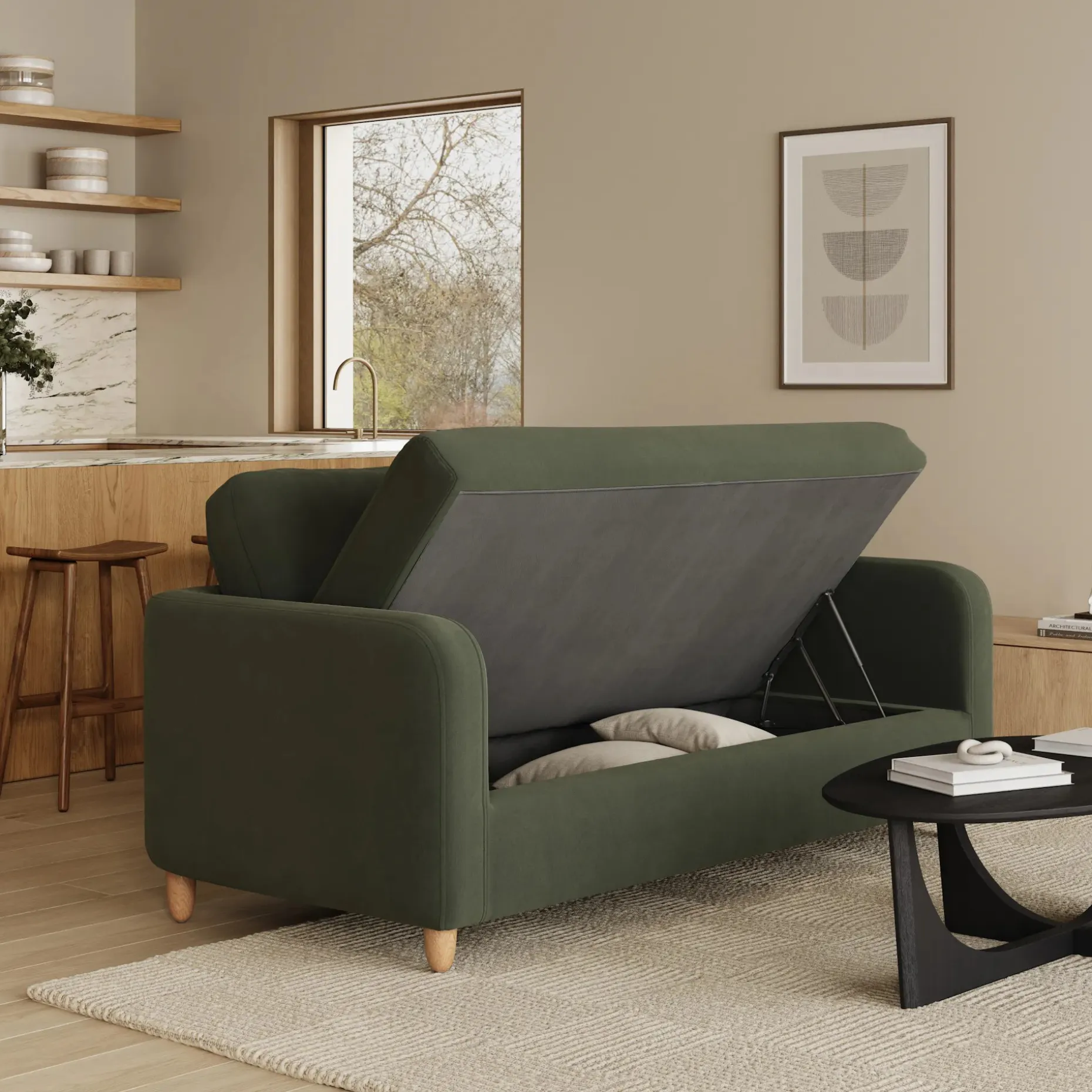 Vati 80" Velvet Storage Sofa - Natural Oak and Hale Fir Green