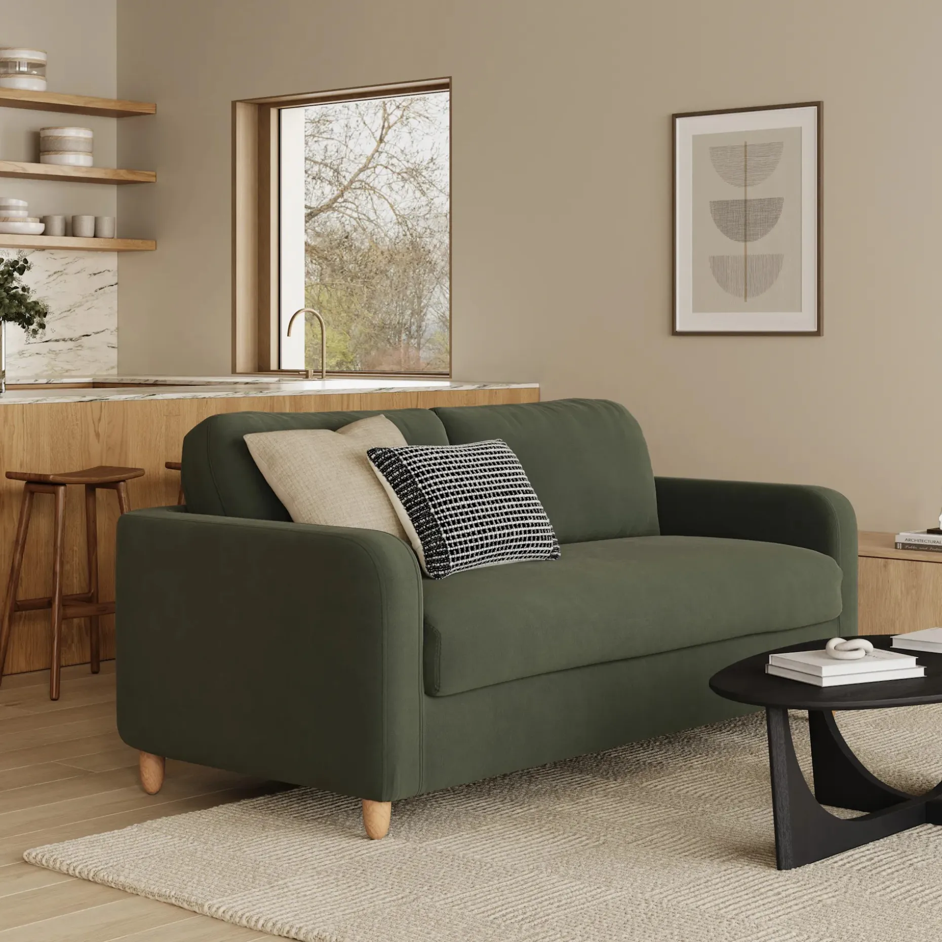Vati 80" Velvet Storage Sofa - Natural Oak and Hale Fir Green